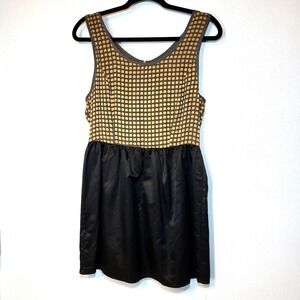 Line & Dot Gray Black Silk Dress Gold‎ Squares Sleeveless Zipper Size Medium